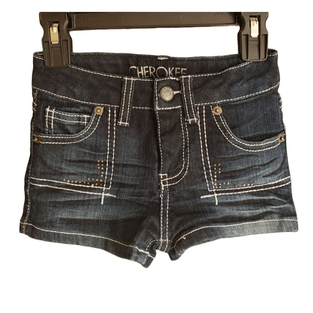 Cherokee Girls XS Jean Shorts 4/5 Blue Denim Studded Embellished Grunge Preppy